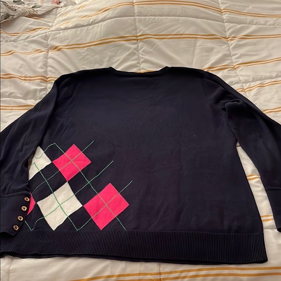 Lilly Pulitzer V-Neck Sweater Blue Pink Argyle - Picture 4 of 4